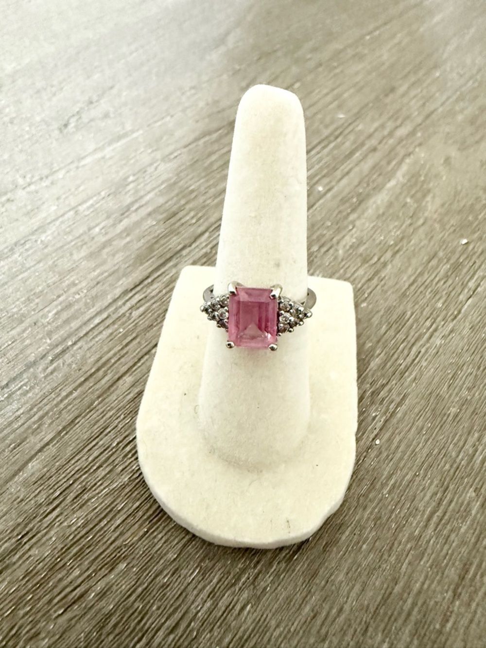 Emerald-Cut Pink Topaz with Side Accent Cubic Zirconia in Silver Tone - 5